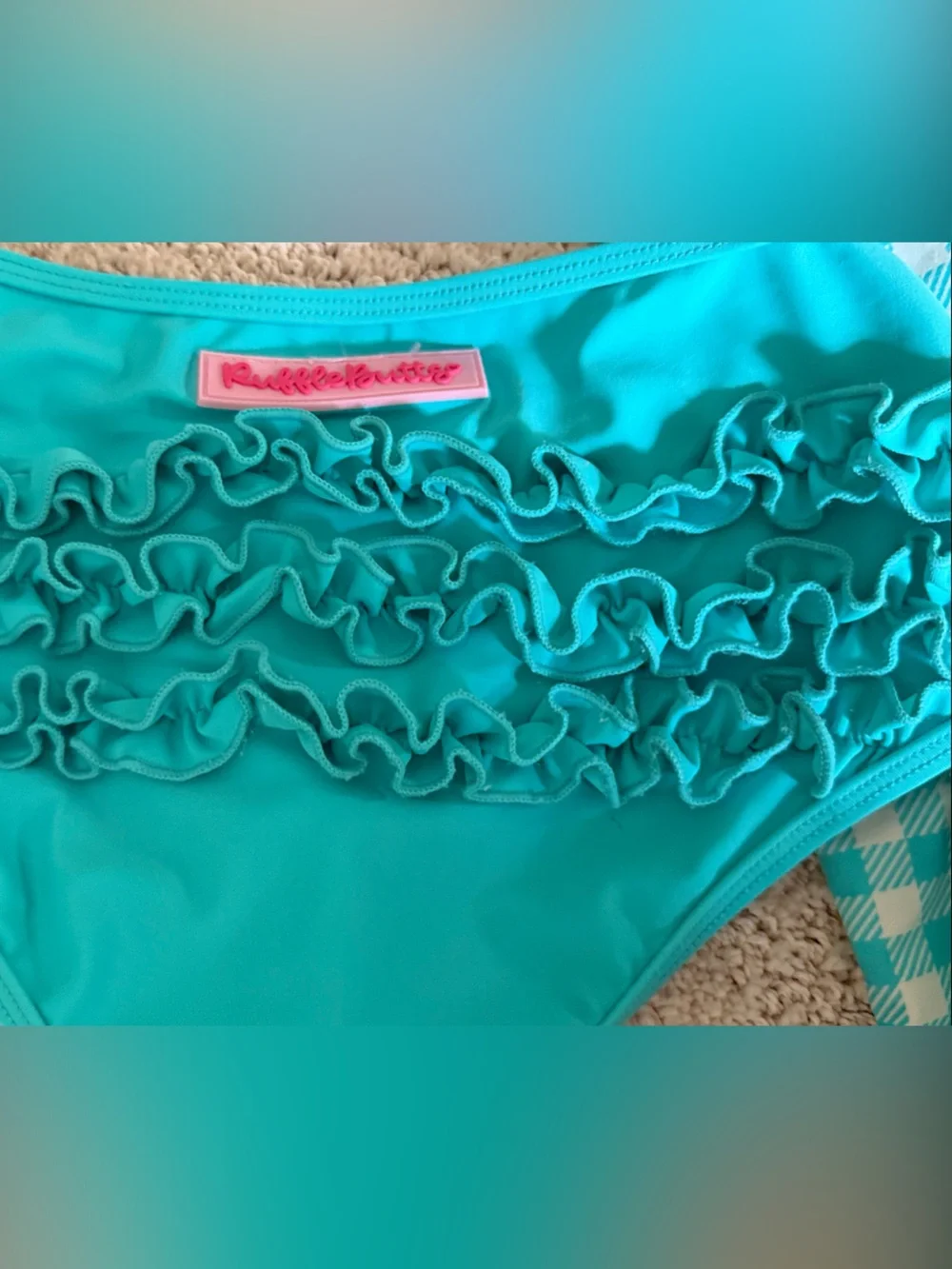RuffleButts Aqua Gingham Peplum Rash Guard Set size 7